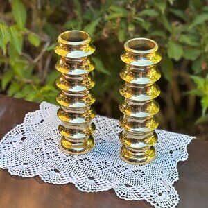 Pair of Vintage Solid Brass Vases by Krisna Indonesia MCM Geometric Home Decor